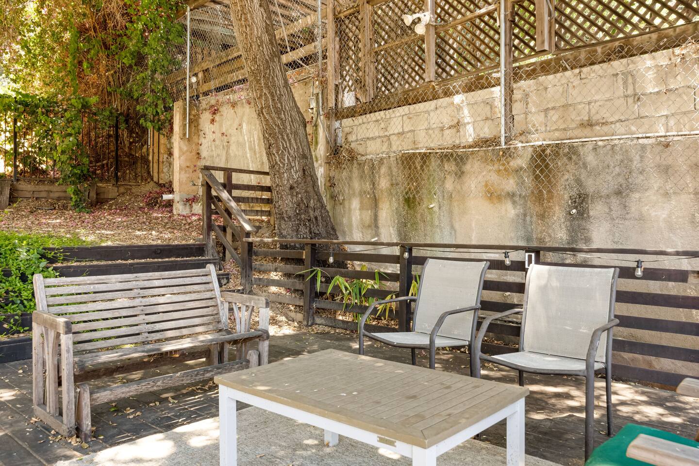 Deck seating area with table